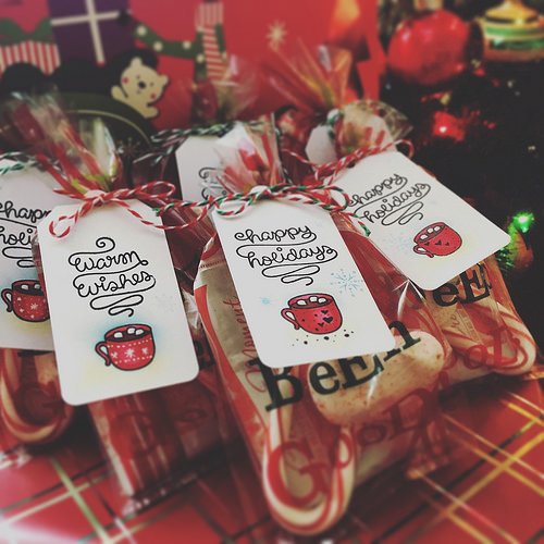 Hot cocoa treat bags with lawn fawn tags and stamps.